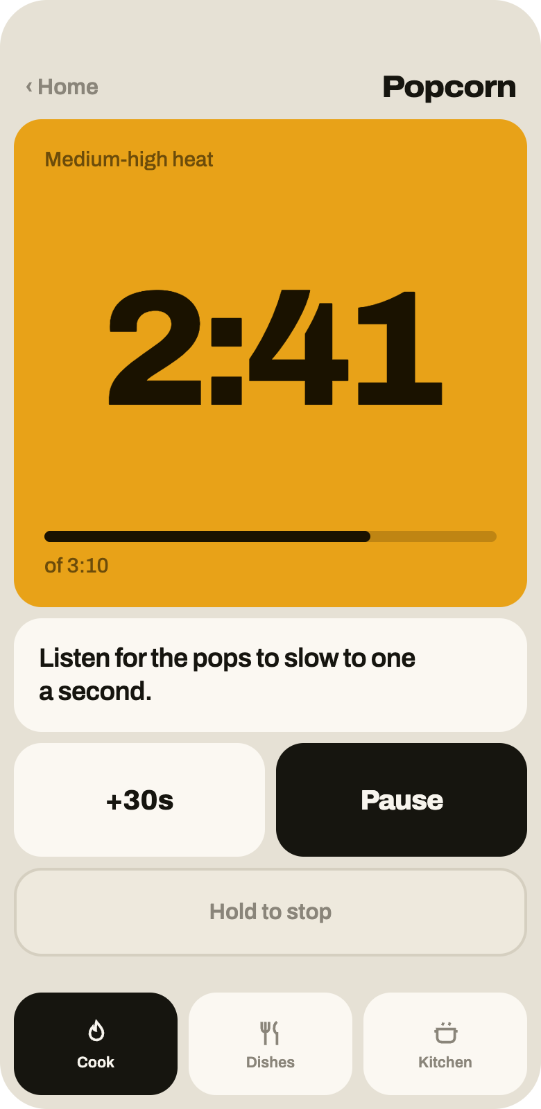 The same countdown in light mode: a marigold tile on an oat board.