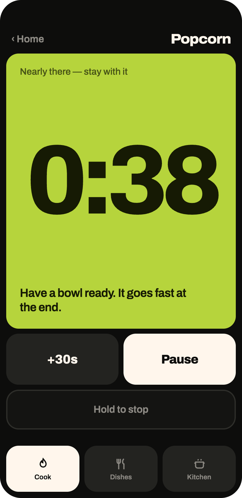 The countdown under a minute: a lime tile counting down the last seconds, with the caption nearly there, stay with it.