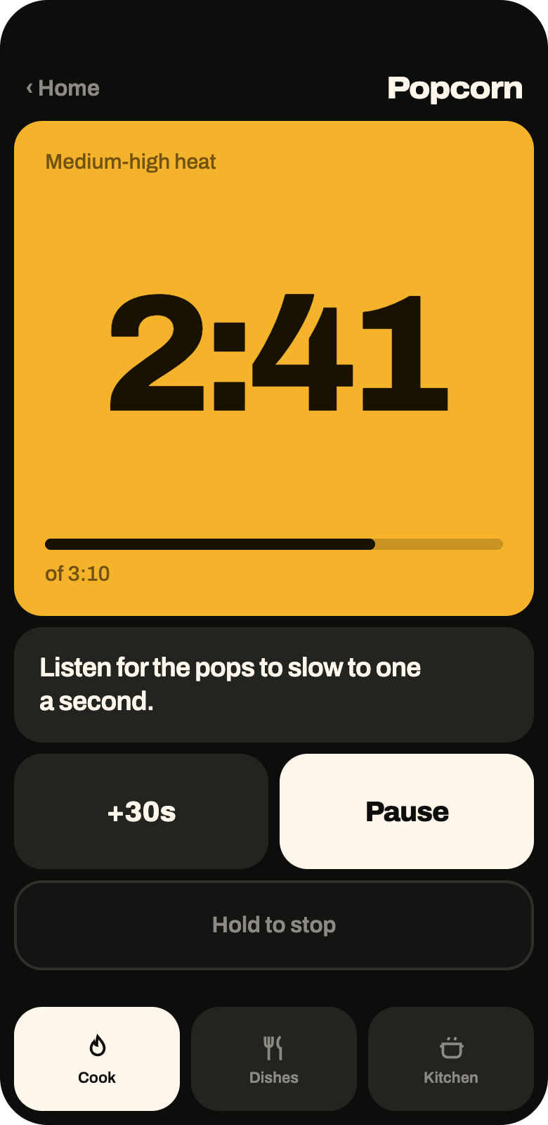 The Kitchen Sense countdown: a marigold tile counting down popcorn towards 3:10, with the instruction to listen for the pops to slow to one a second.