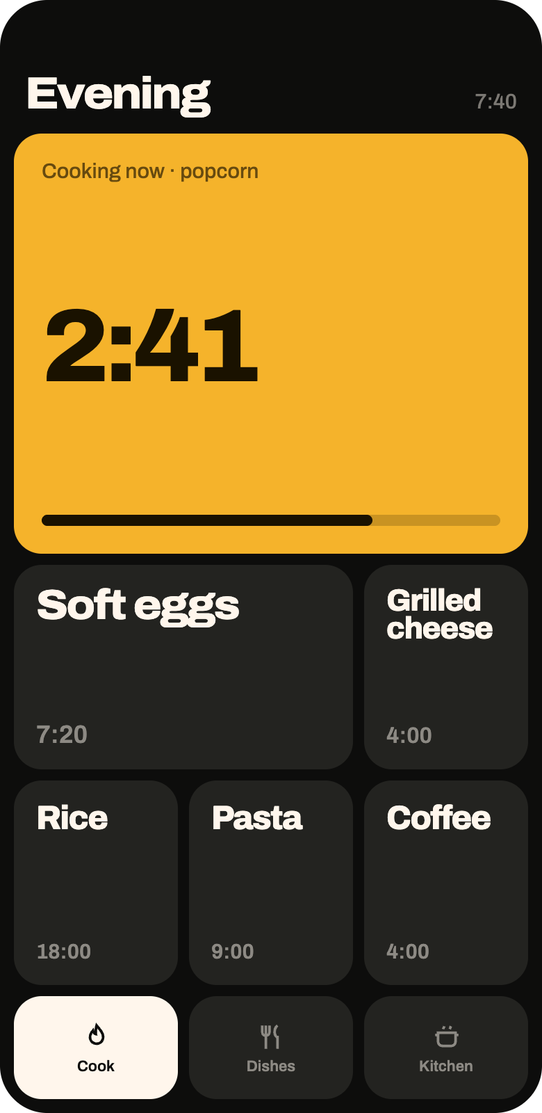 The home board in dark mode: a marigold tile counting down popcorn, with tiles for soft eggs, grilled cheese, rice, pasta and coffee below.