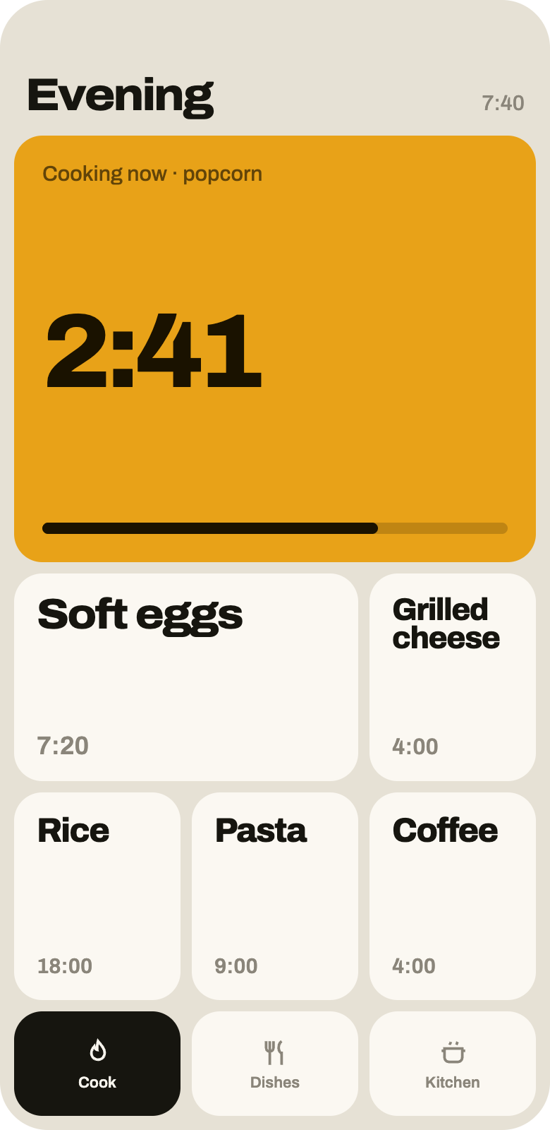 The same home board in light mode, on an oat board with cream tiles.